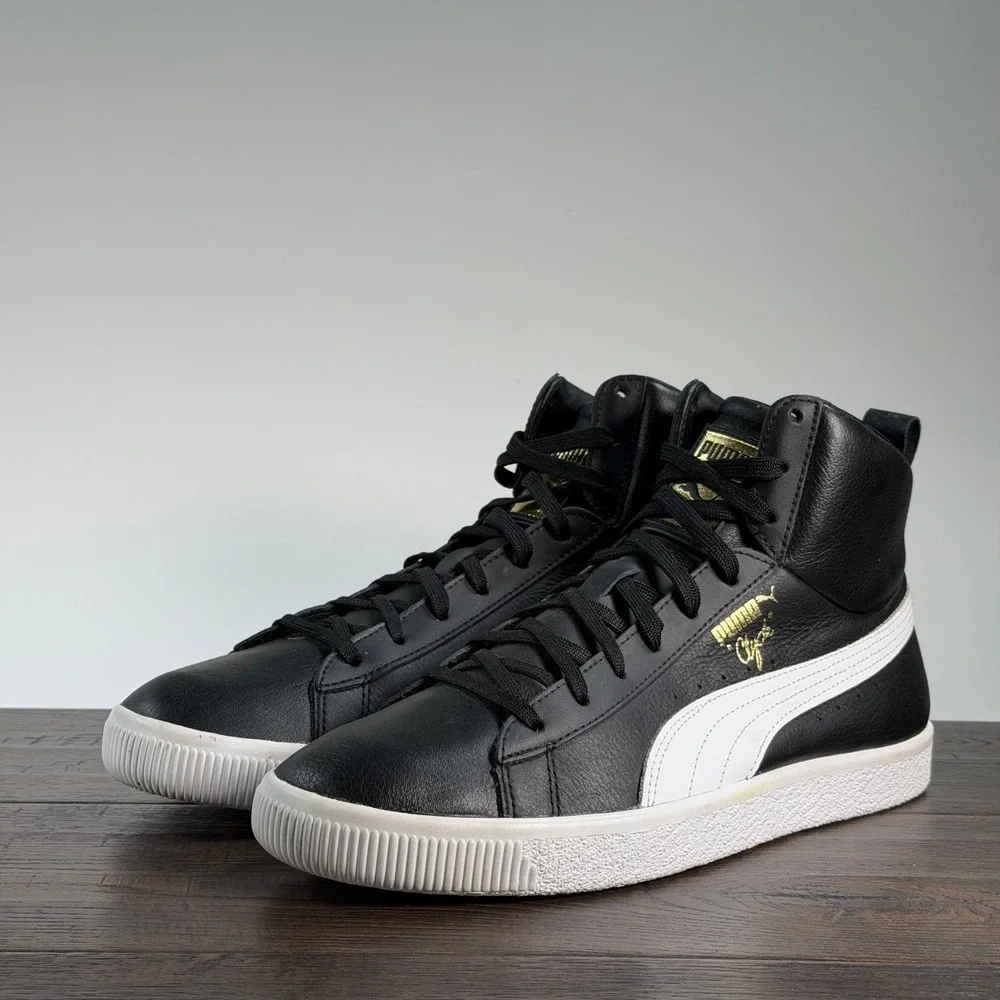 PUMA Clyde Hi-Top Sneakers‎ Mens 9.5 Black/White Retro Leather Classic Trainers